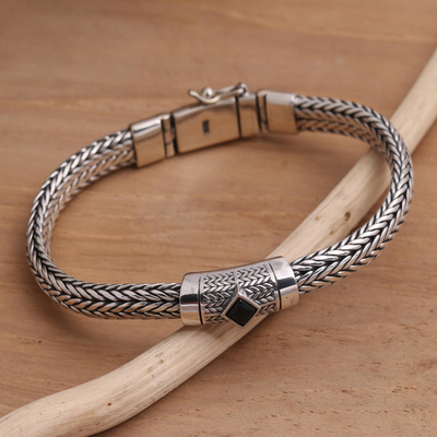 Men's onyx pendant bracelet, 'Foxtail Eye' - Men's Sterling Silver and Onyx Chain Bracelet