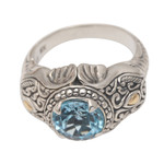 Men's gold accented blue topaz ring, 'Maharaja' - Five Carat Men's Gold Accented Sterling Silver Ring