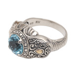 Men's gold accented blue topaz ring, 'Maharaja' - Five Carat Men's Gold Accented Sterling Silver Ring