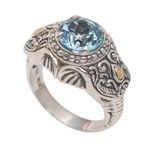 Men's gold accented blue topaz ring, 'Maharaja' - Five Carat Men's Gold Accented Sterling Silver Ring