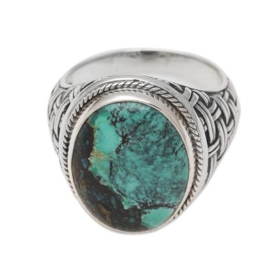 Men's sterling silver ring, 'Basket of Blue' - Men's Sterling Silver Woven Motif Ring