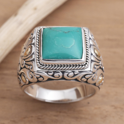 Men's gold accented sterling silver ring, 'Kuta Blue' - Men's Sterling Silver and Gold Accent Ring