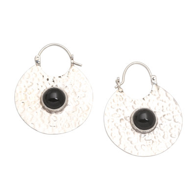 Onyx hoop earrings, 'Round Shadow' - Hammered Sterling Silver Hoop Earrings with Black Onyx Stone
