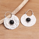 Onyx hoop earrings, 'Round Shadow' - Hammered Sterling Silver Hoop Earrings with Black Onyx Stone