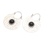 Onyx hoop earrings, 'Round Shadow' - Hammered Sterling Silver Hoop Earrings with Black Onyx Stone