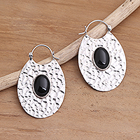 Onyx hoop earrings, 'Oval Shadow' - Hammered Sterling Silver Oval Hoop Earrings with Black Onyx