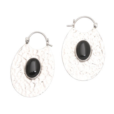 Onyx hoop earrings, 'Oval Shadow' - Hammered Sterling Silver Oval Hoop Earrings with Black Onyx