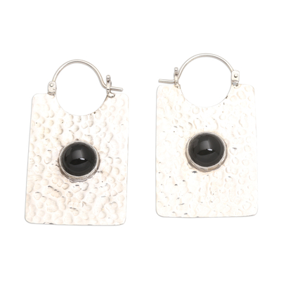 Onyx hoop earrings, 'Rectangular Shadow' - Rectangular Hammered Silver and Onyx Hoop Earrings