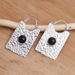 Onyx hoop earrings, 'Rectangular Shadow' - Rectangular Hammered Silver and Onyx Hoop Earrings