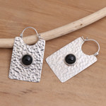 Onyx hoop earrings, 'Rectangular Shadow' - Rectangular Hammered Silver and Onyx Hoop Earrings