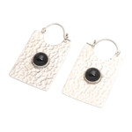 Onyx hoop earrings, 'Rectangular Shadow' - Rectangular Hammered Silver and Onyx Hoop Earrings