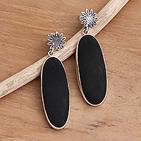 Sterling silver and black lava stone dangle earrings, 'Long Oval Shadow'
