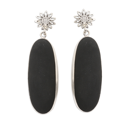Sterling silver and black lava stone dangle earrings, 'Long Oval Shadow' - Sterling Silver and Black Lava Stone Oval Dangle Earrings