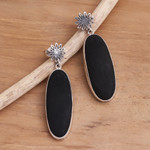 Sterling silver and black lava stone dangle earrings, 'Long Oval Shadow' - Sterling Silver and Black Lava Stone Oval Dangle Earrings