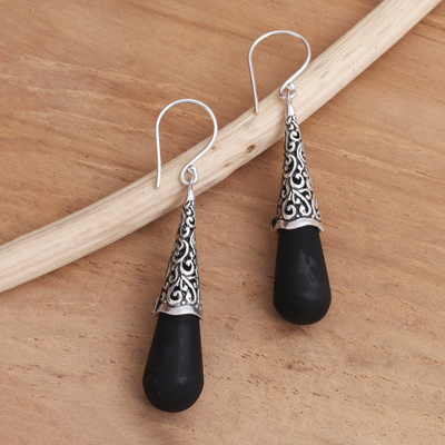 Sterling silver and lava stone dangle earrings, 'Traditional Shadow' - Sterling Silver Dangle Earrings with Black Lava Stone