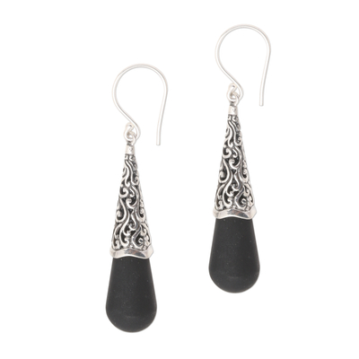 Sterling silver and lava stone dangle earrings, 'Traditional Shadow' - Sterling Silver Dangle Earrings with Black Lava Stone