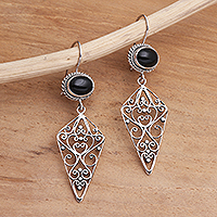 Onyx dangle earrings, 'Beautiful Shadow' - Sterling Silver and Black Onyx Kite-Shaped Dangle Earrings