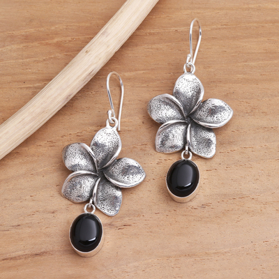 Onyx dangle earrings, 'Jepun Shadow' - Black Onyx and Sterling Silver Blossom Dangle Earrings