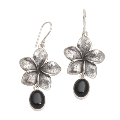 Onyx dangle earrings, 'Jepun Shadow' - Black Onyx and Sterling Silver Blossom Dangle Earrings