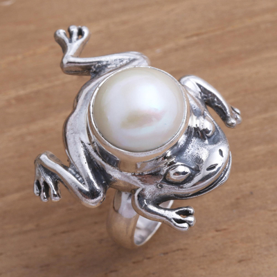 Anillo de cóctel con perlas cultivadas - Anillo de perla cultivada y rana de plata esterlina