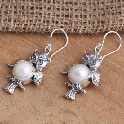 Cultured pearl dangle earrings, 'Wise Owls' - Sterling Silver Cultured Pearl Owl Dangle Earrings