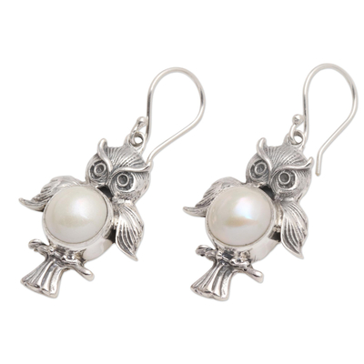 Cultured pearl dangle earrings, 'Wise Owls' - Sterling Silver Cultured Pearl Owl Dangle Earrings