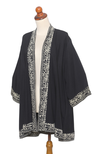 Batik kimono jacket, 'Midnight Rose' - Artisan Crafted Batik Kimono Jacket