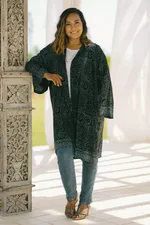 Rayon batik robe, 'Azure Elegance' - Handmade Batik Printed Rayon Robe