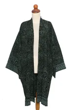 Rayon batik robe, 'Azure Elegance' - Handmade Batik Printed Rayon Robe