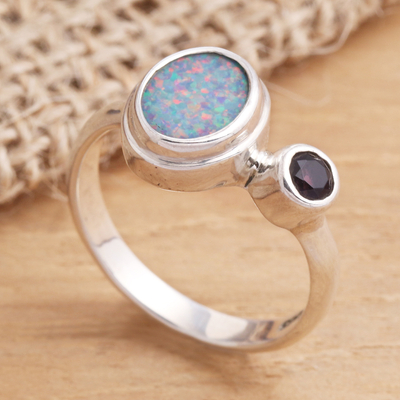 Opal and amethyst cocktail ring, 'Carrier of Light in Purple' - Opal and Amethyst Sterling Silver Cocktail Ring
