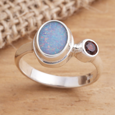 Opal and garnet cocktail ring, 'Carrier of Light in Red' - Opal and Garnet Sterling Silver Cocktail Ring