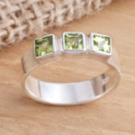 Peridot cocktail ring, 'Spring Trio' - Square Faceted Peridot Sterling Silver Cocktail Ring