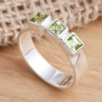 Peridot cocktail ring, 'Spring Trio' - Square Faceted Peridot Sterling Silver Cocktail Ring