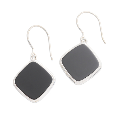Onyx dangle earrings, 'Black Squares' - Square Bezel Set Black Onyx Dangle Earrings