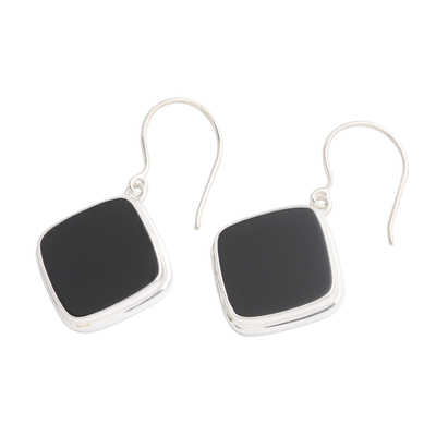 Onyx dangle earrings, 'Black Squares' - Square Bezel Set Black Onyx Dangle Earrings