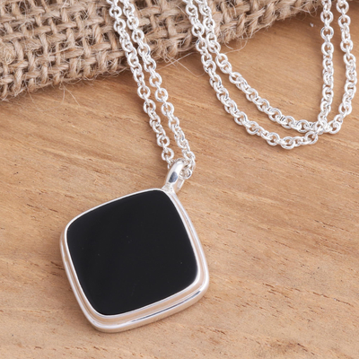 Onyx pendant necklace, 'Diagonal Square' - Sterling Silver Square Black Onyx Pendant Necklace