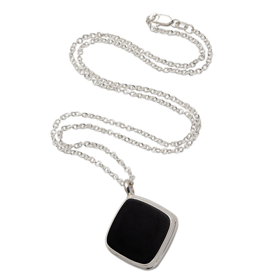 Onyx pendant necklace, 'Diagonal Square' - Sterling Silver Square Black Onyx Pendant Necklace
