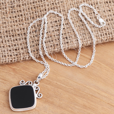 Onyx pendant necklace, 'Swirls and Curls' - Black Onyx Sterling Silver Pendant Necklace