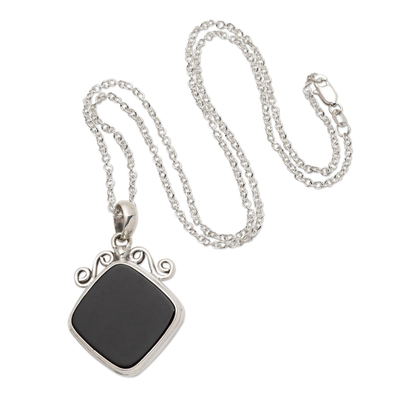 Onyx pendant necklace, 'Swirls and Curls' - Black Onyx Sterling Silver Pendant Necklace