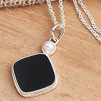Black Onyx Cultured Pearl Sterling Silver Pendant Necklace,'Pearl of Wisdom'