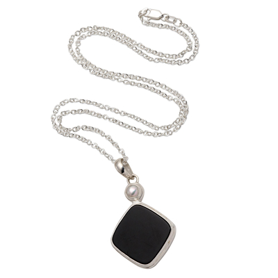 Onyx and cultured pearl pendant necklace, 'Pearl of Wisdom' - Black Onyx Cultured Pearl Sterling Silver Pendant Necklace