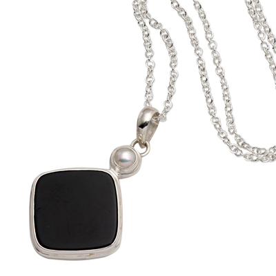 Onyx and cultured pearl pendant necklace, 'Pearl of Wisdom' - Black Onyx Cultured Pearl Sterling Silver Pendant Necklace