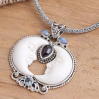Multi-gemstone pendant necklace, 'Moon Courtship' - Multi-Gemstone Moon Pendant Necklace