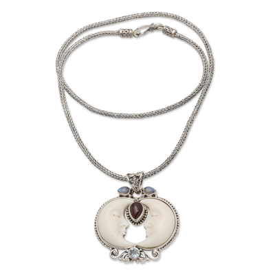 Multi-gemstone pendant necklace, 'Moon Courtship' - Multi-Gemstone Moon Pendant Necklace