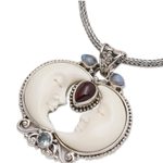 Multi-gemstone pendant necklace, 'Moon Courtship' - Multi-Gemstone Moon Pendant Necklace