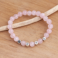 Rose quartz beaded stretch bracelet, 'Love in Pink' - Love Themed Rose Quartz Beaded Stretch Bracelet