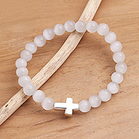 Quartz and sterling silver beaded pendant stretch bracelet, 'Faith in White' - Cross Pendant Beaded Quartz Stretch Bracelet