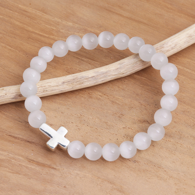 Cross Pendant Beaded Quartz Stretch Bracelet, 'Faith in White'