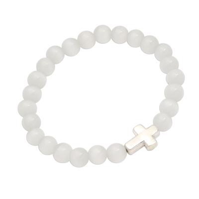 Quartz and sterling silver beaded pendant stretch bracelet, 'Faith in White' - Cross Pendant Beaded Quartz Stretch Bracelet