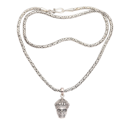Sterling silver pendant necklace, 'King Skull' - Crowned Skull Sterling Silver Pendant Necklace